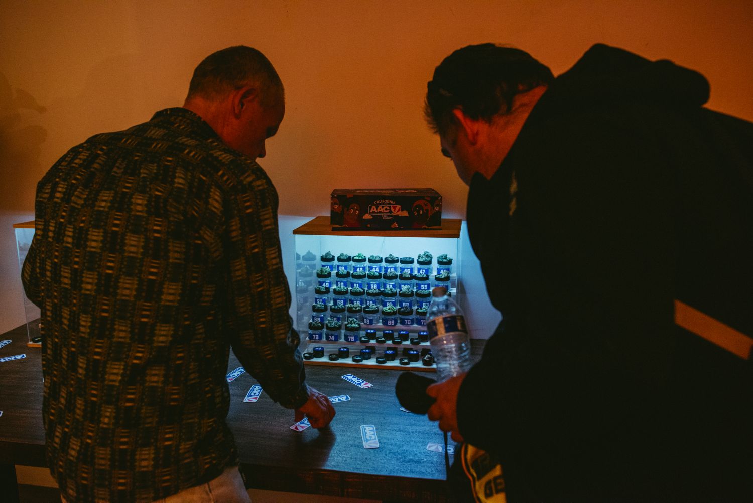 Two judges inspecting numbered cannabis flower entries in a lit display case at the American Autoflower Cup California 2025